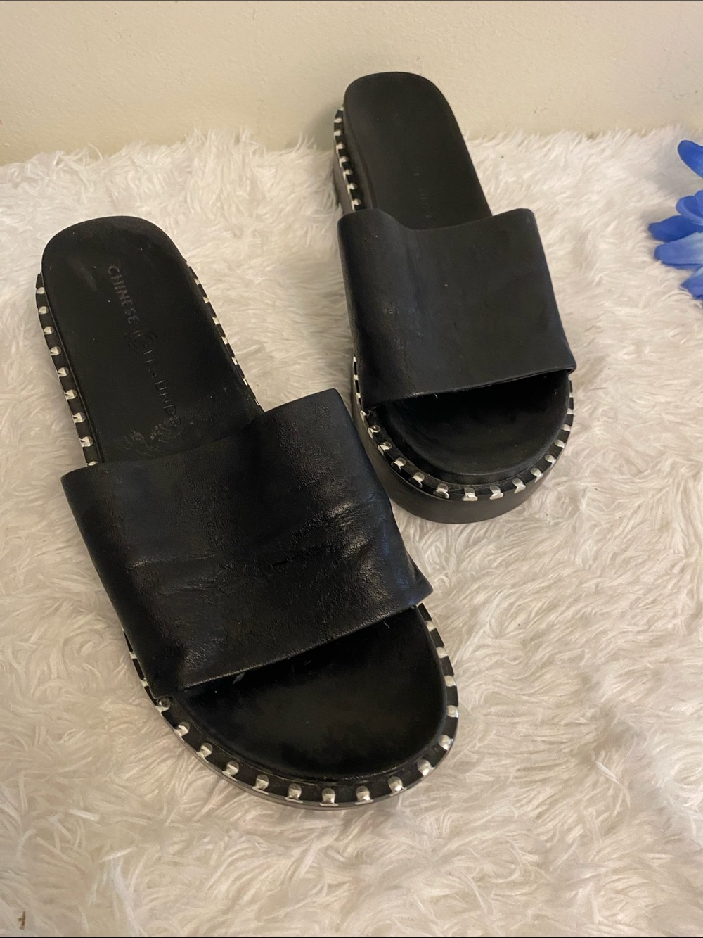 Chinese Laundry Black Slide Sandals with Silver Stud Accents